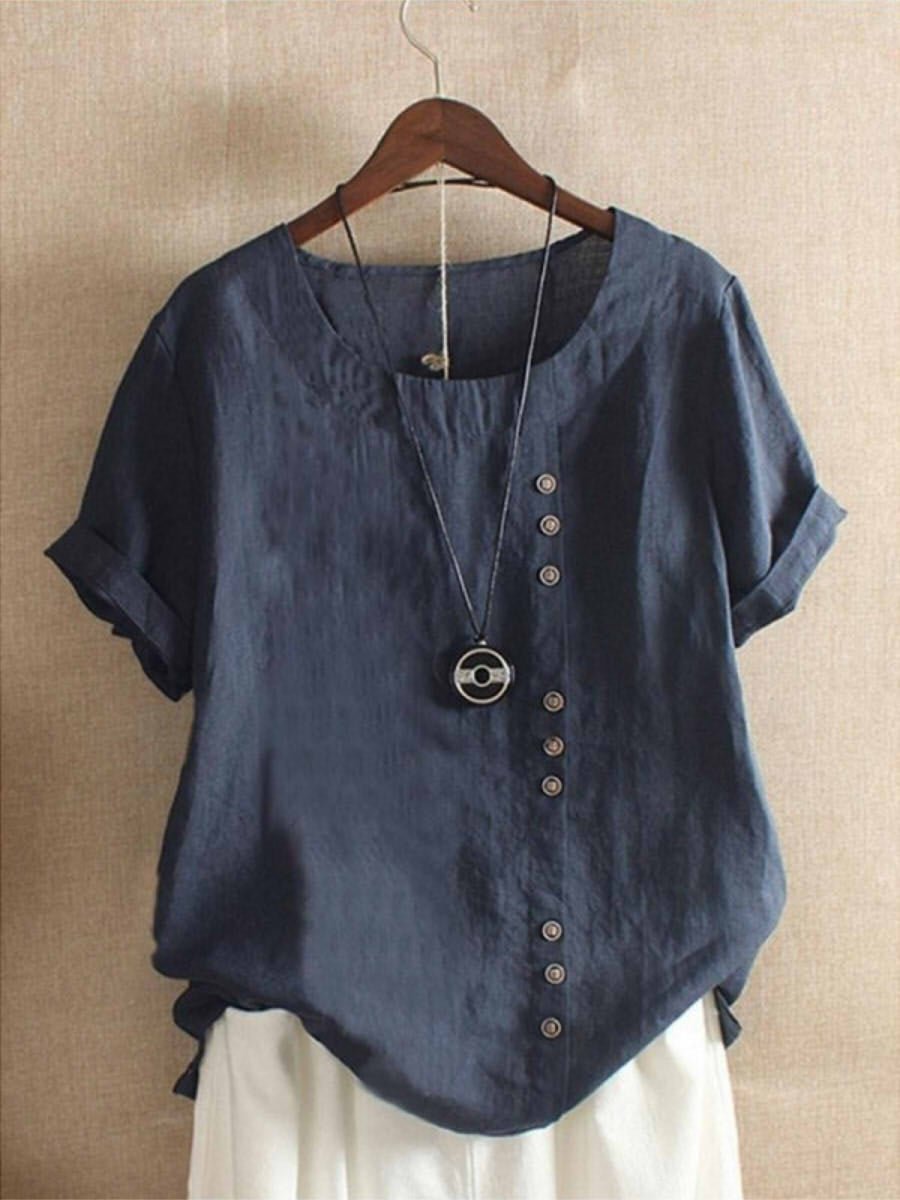 Women's Casual Loose-Fit Cotton Short Sleeve Blouse with Side Buttons