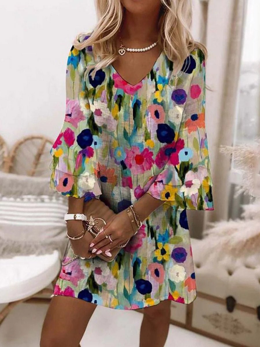 Women's Colorful Floral V Neck 3/4 Sleeve Mini Dress