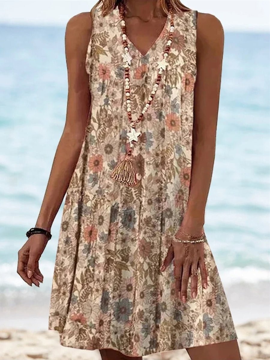 Women's Vintage Floral Sleeveless V-Neck A-Line Summer Dress
